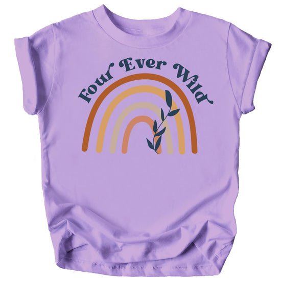 Close-up of Four Ever Wild rainbow birthday design printed on purple girls tee