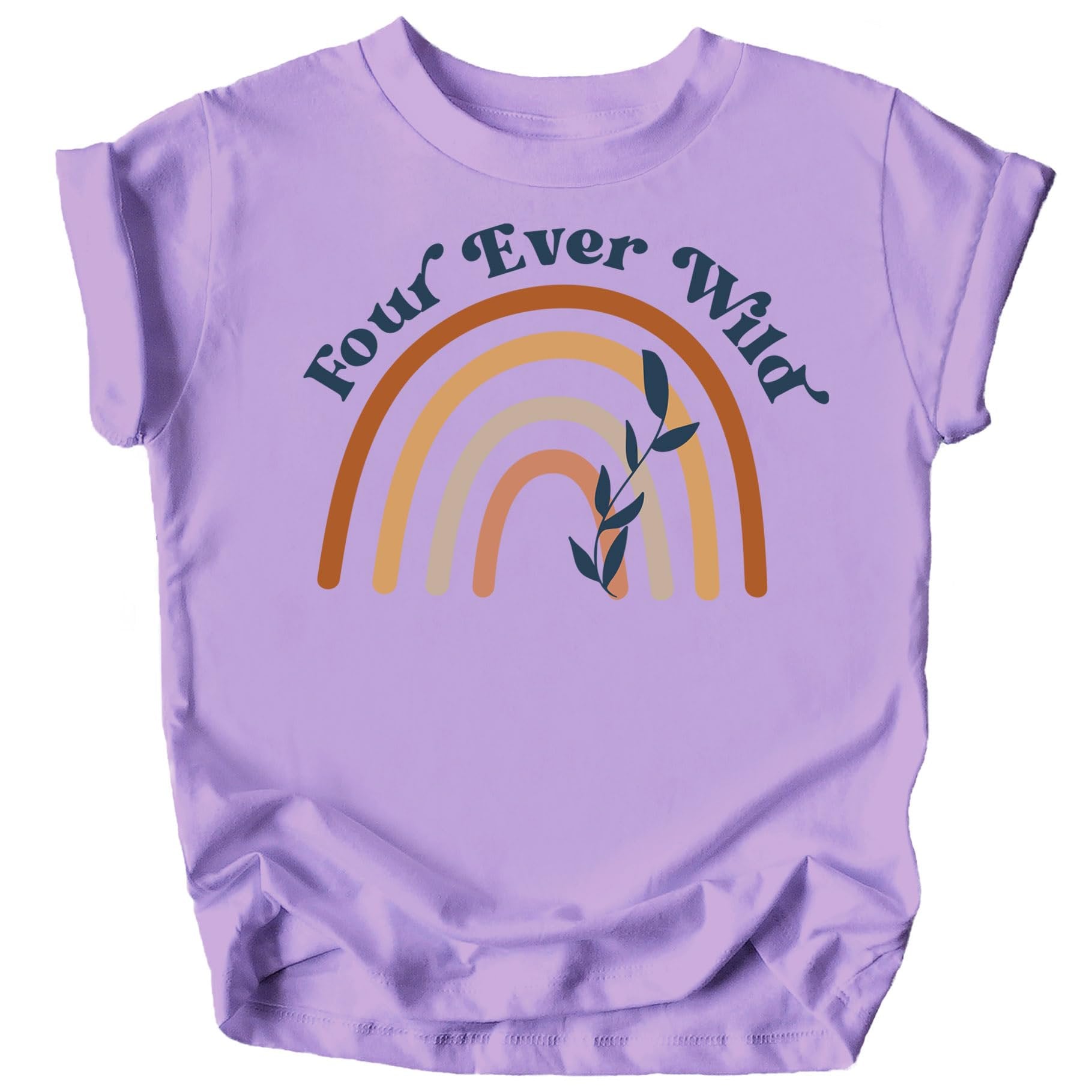 Close-up of Four Ever Wild rainbow birthday design printed on purple girls tee