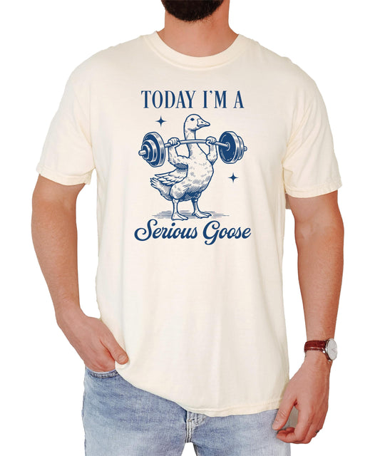 Serious goose weightlifting graphic t-shirt in pepper color displayed flat