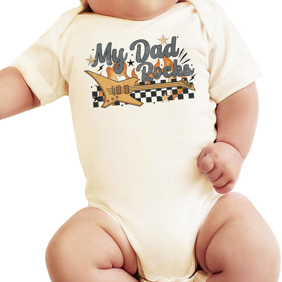 My Dad Rocks peach baby bodysuit with retro electric guitar graphic for boys and girls