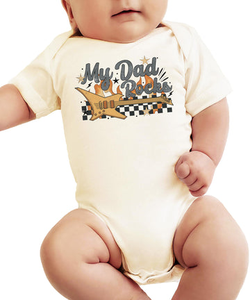 My Dad Rocks peach baby bodysuit with retro electric guitar graphic for boys and girls