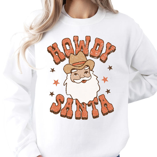 Olive Loves Apple Howdy Santa sweatshirt styled for a casual Western Christmas look