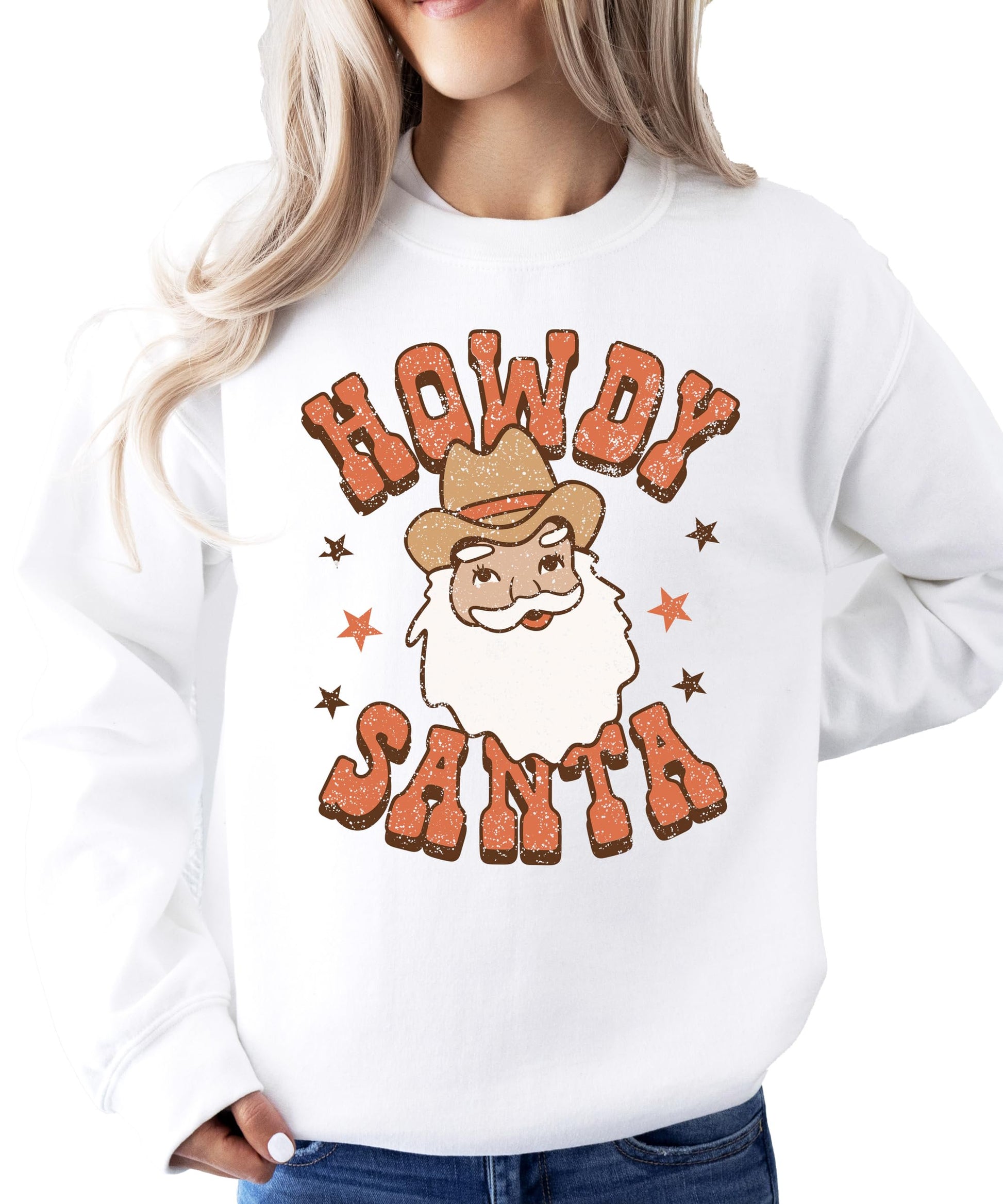 Olive Loves Apple Howdy Santa sweatshirt styled for a casual Western Christmas look