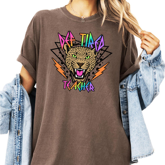 Front view of Def Tired Teacher vintage music graphic tee on ivory shirt