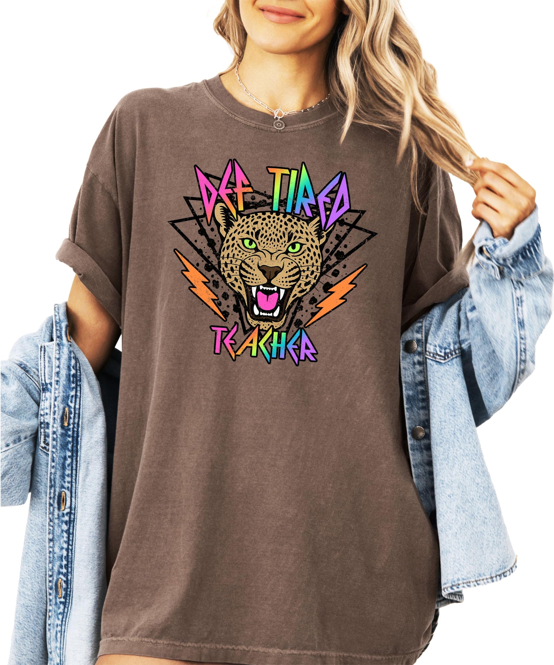 Front view of Def Tired Teacher vintage music graphic tee on ivory shirt