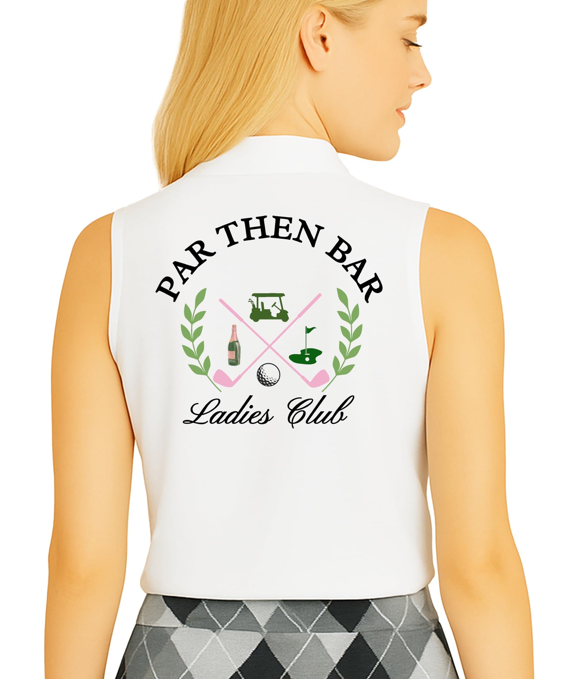White sleeveless golf polo with Par Then Bar Ladies Club text on front