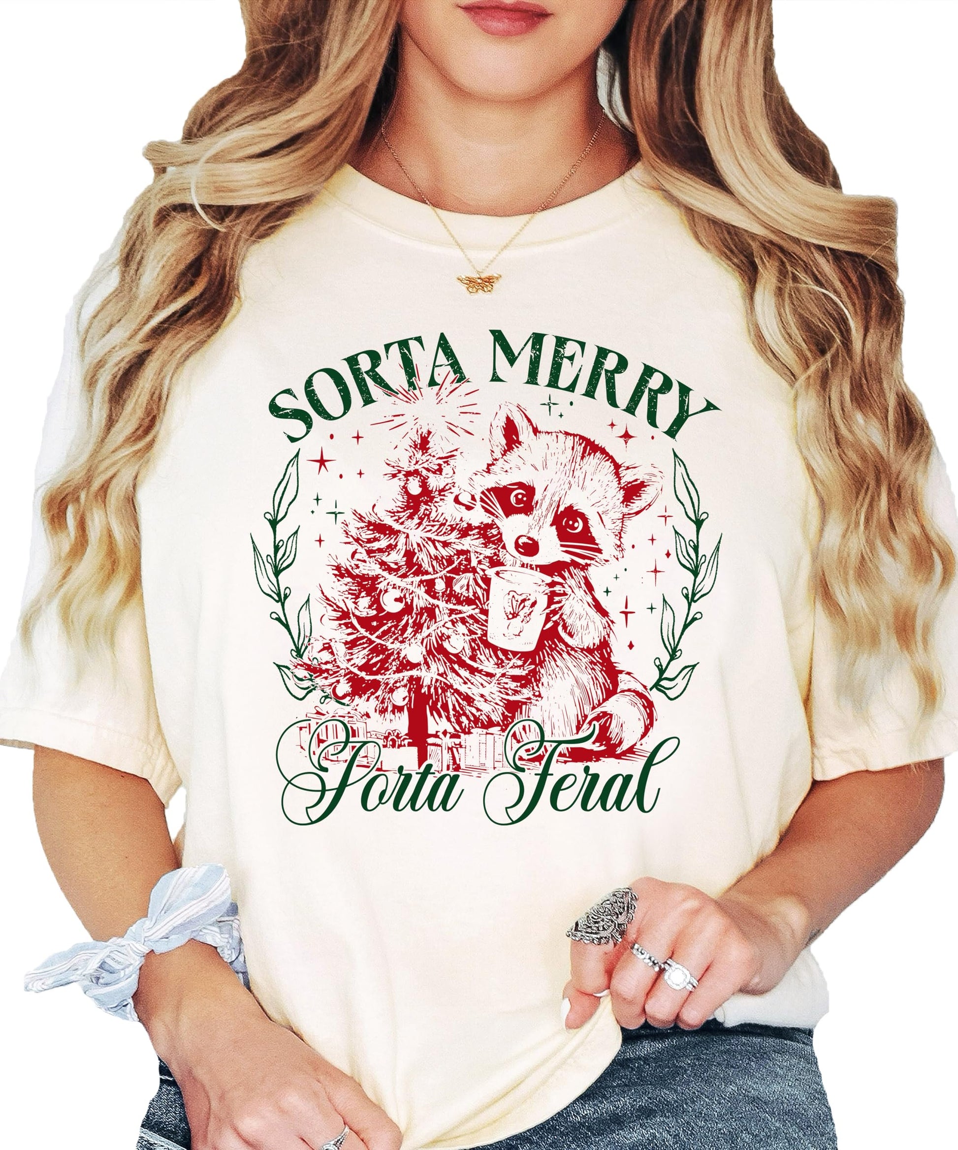 Back or lifestyle view of funny Christmas raccoon tee for women in ivory by Olive Loves Apple