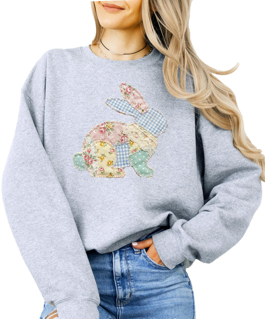 Ink Printed Image NOT a Quilt Patch - Easter Floral Bunny Faux Patchwork Pullover