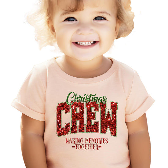 Detail shot of sparkle faux glitter print on Christmas Crew holiday tee by Olive Loves Apple
