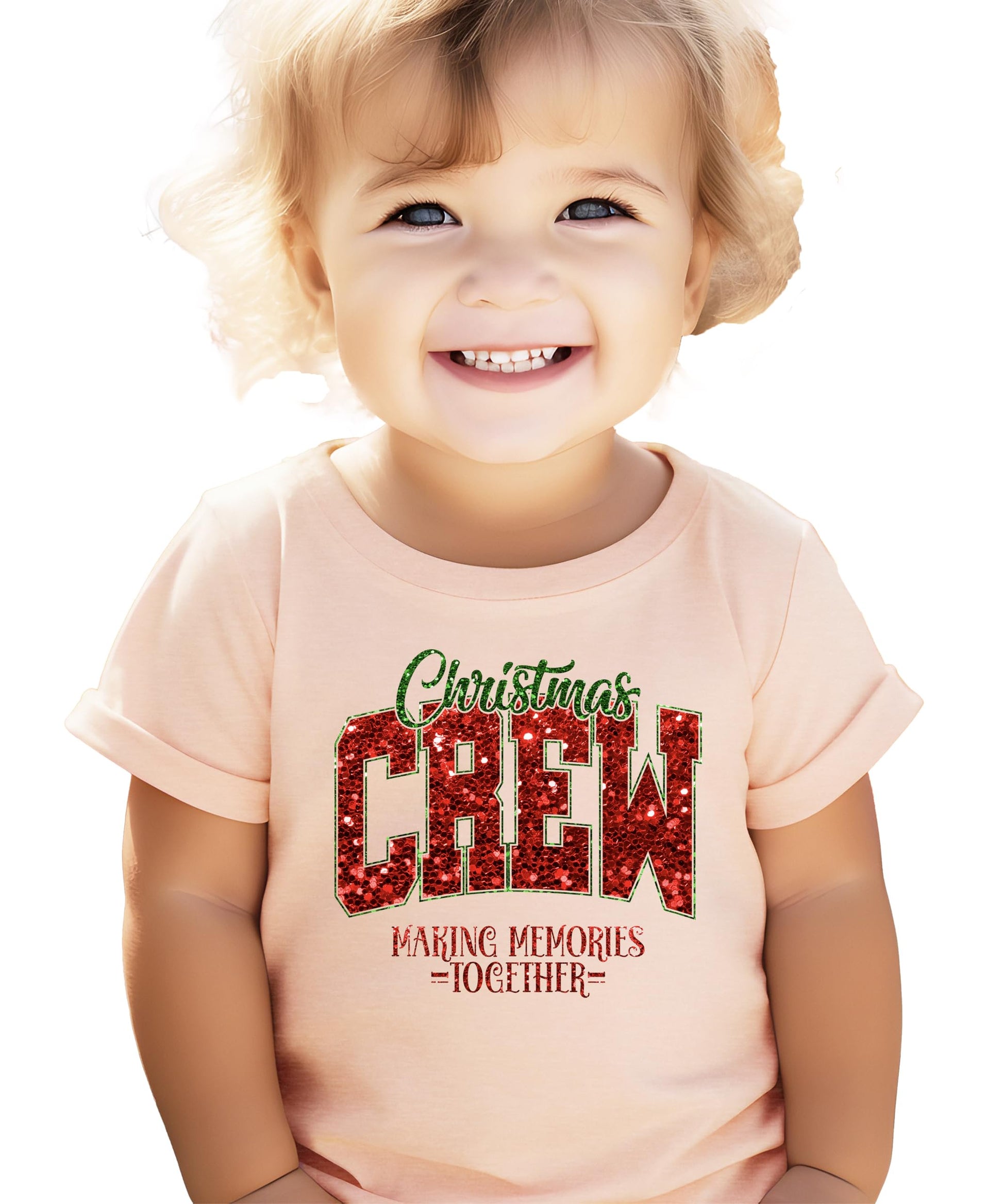 Detail shot of sparkle faux glitter print on Christmas Crew holiday tee by Olive Loves Apple