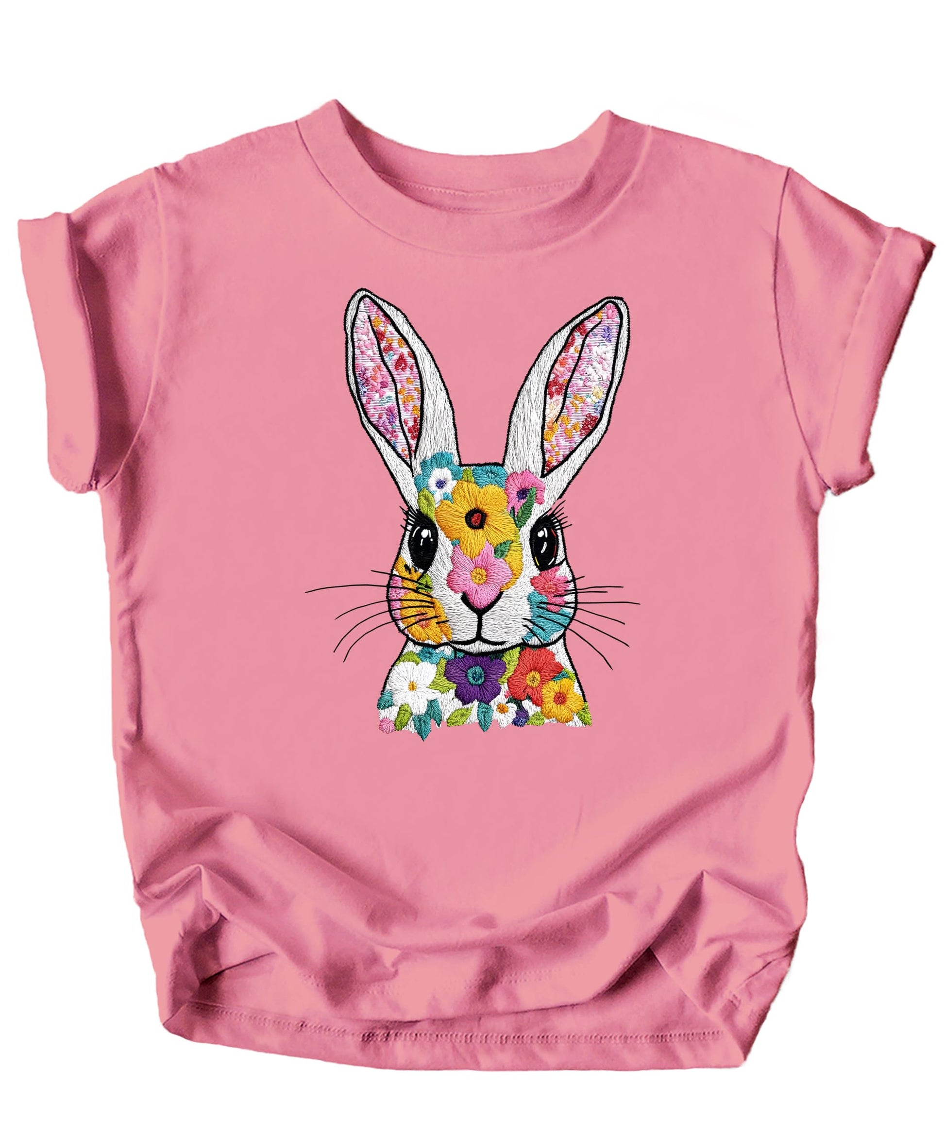 Close-up of faux embroidery bunny and floral print detail on pastel Easter shirt