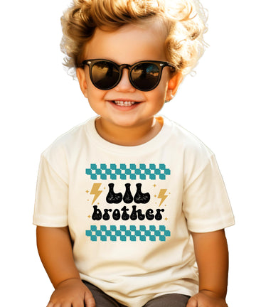 Little brother retro lightning bolt graphic tee for toddler boys, sibling reveal shirt in natural