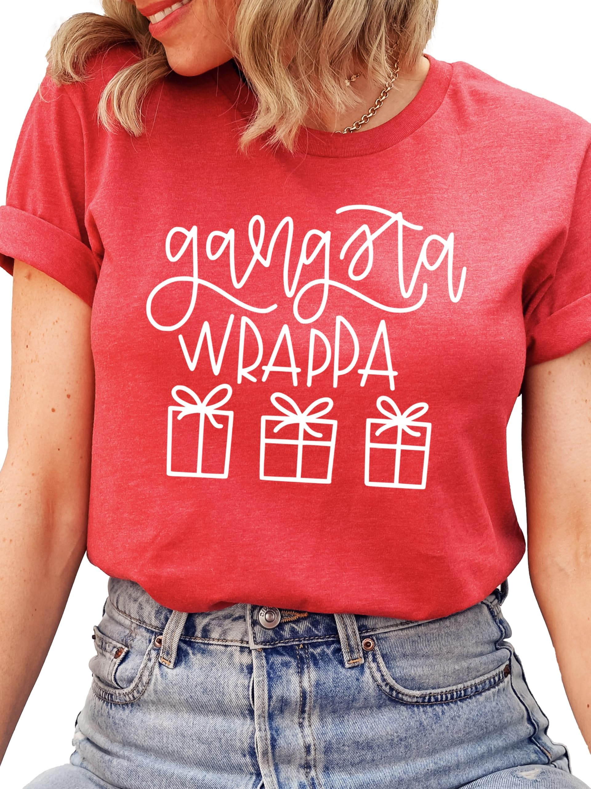 Lifestyle flat lay of Gangsta Wrappa funny sarcastic Christmas shirt in red
