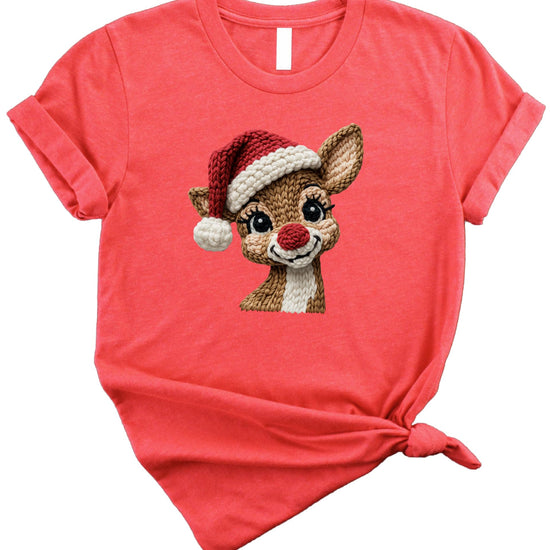 Detail shot of festive reindeer ink print mimicking yarn knit style on natural tee