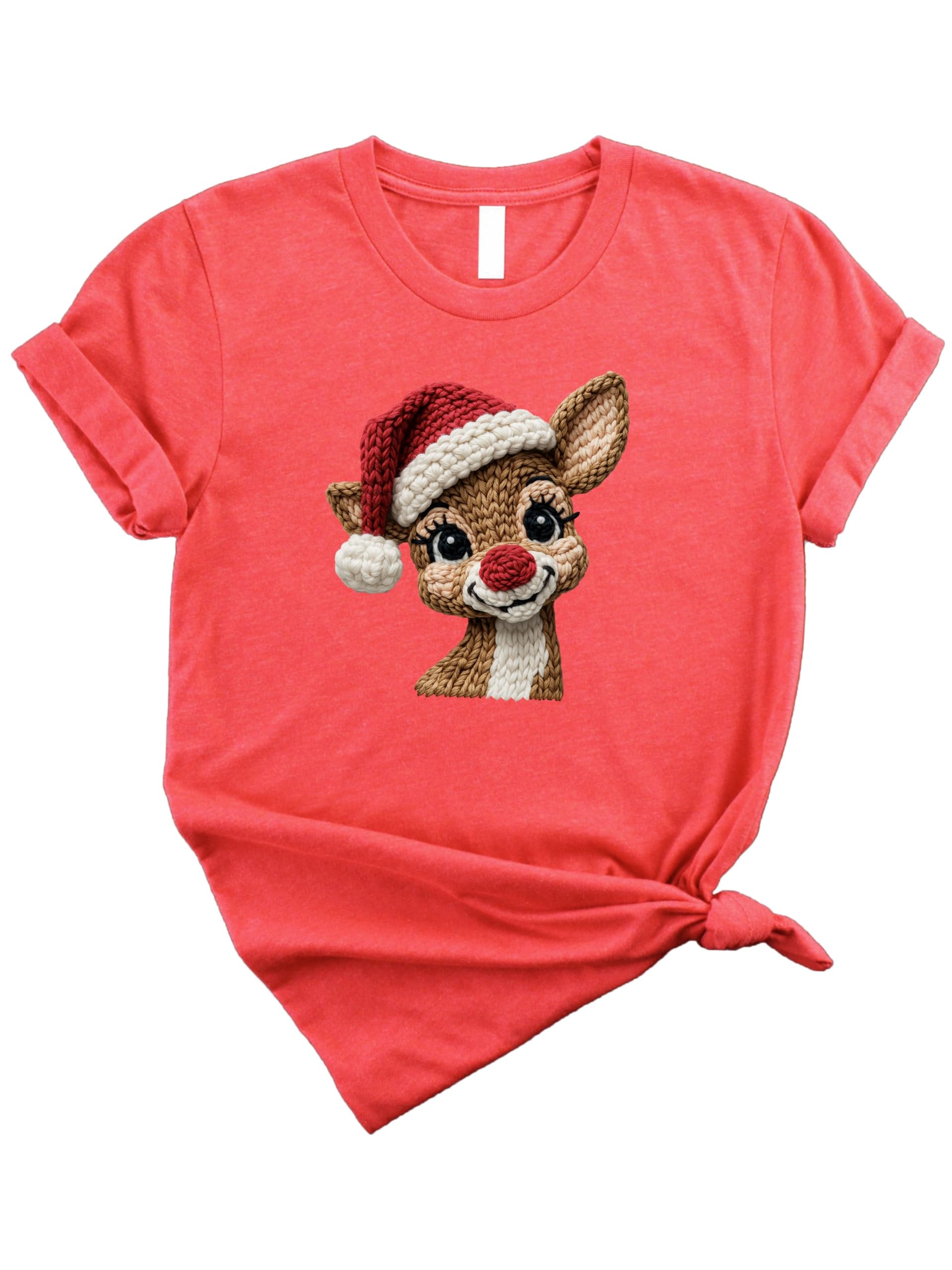 Detail shot of festive reindeer ink print mimicking yarn knit style on natural tee