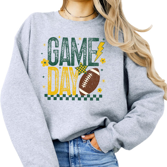 White game day sweatshirt with green yellow football flower design front view