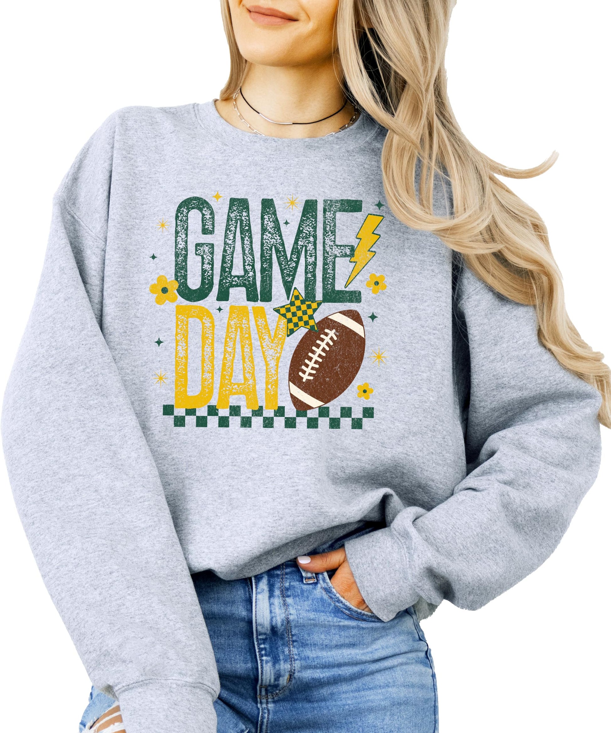 White game day sweatshirt with green yellow football flower design front view
