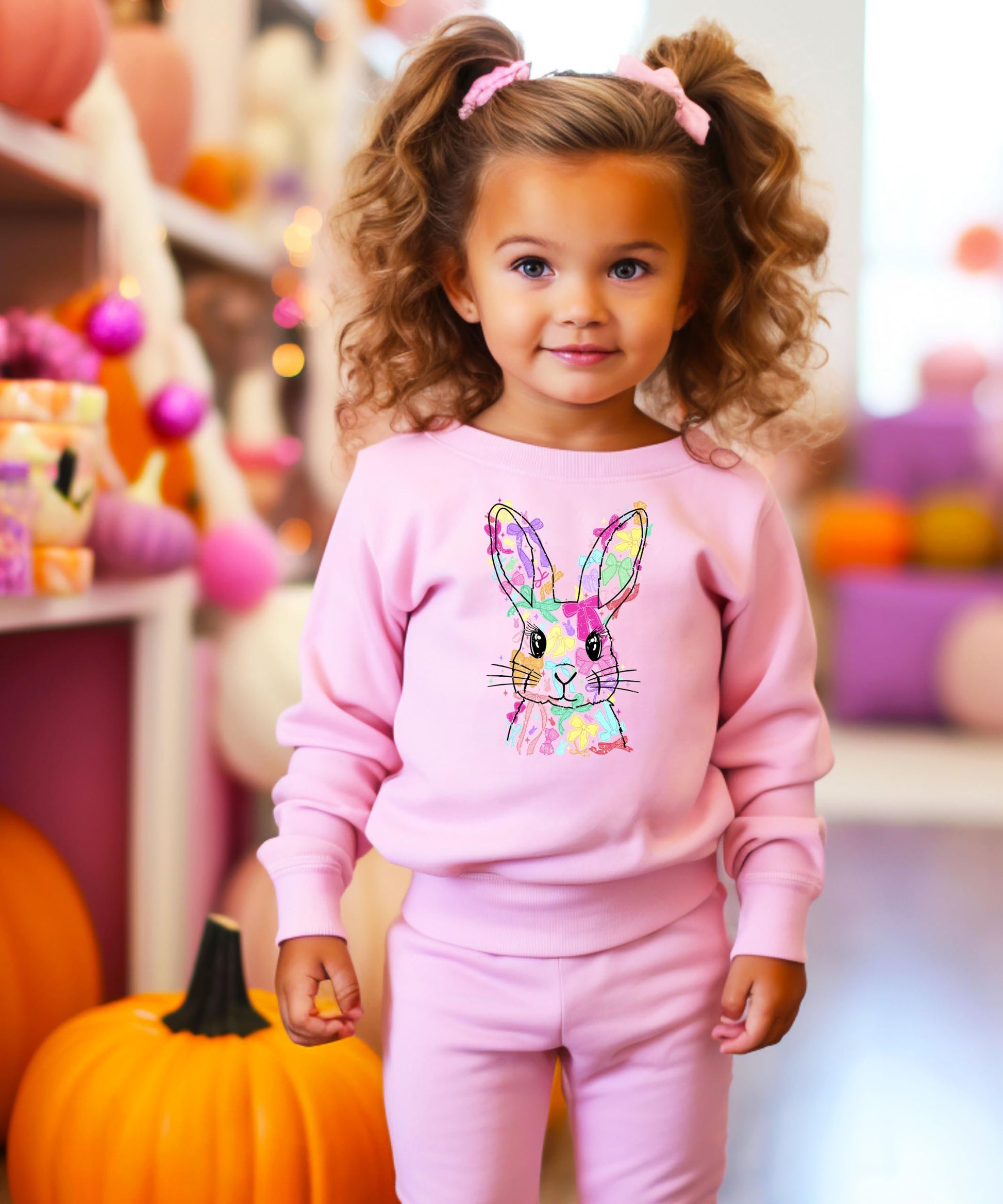 Young girl wearing white Easter Bunny coquette bows sweatshirt in spring setting
