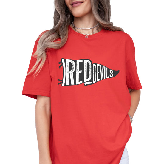 Red Devils sports t-shirt showing fit and sizing on adult model