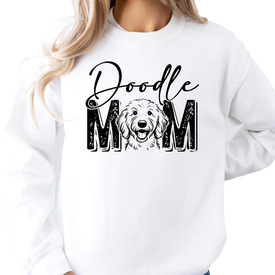 Front view of gray Doodle Mom sweatshirt laid flat showing Goldendoodle graphic design