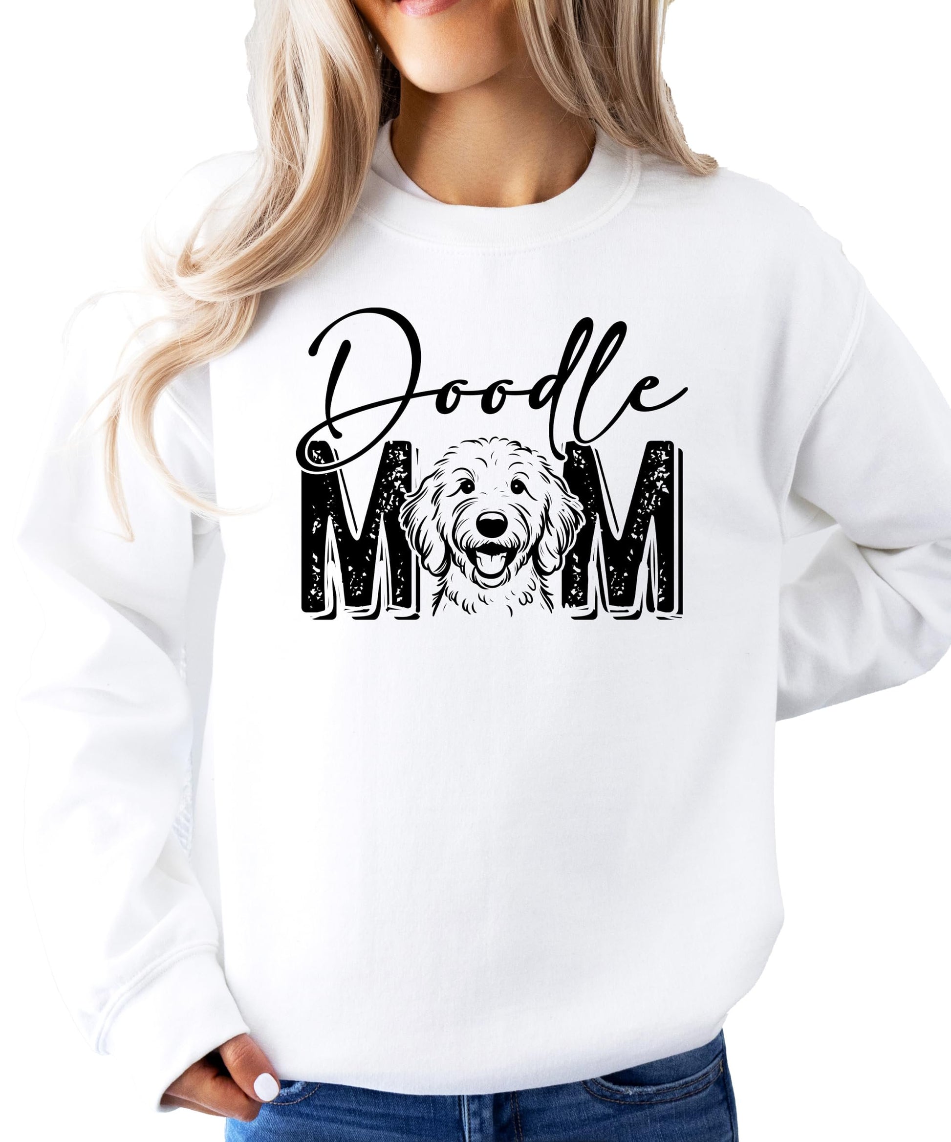 Front view of gray Doodle Mom sweatshirt laid flat showing Goldendoodle graphic design