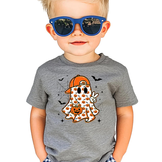 Youth Halloween shirt with friendly ghost wearing cap and holding pumpkin bucket with bats and stars