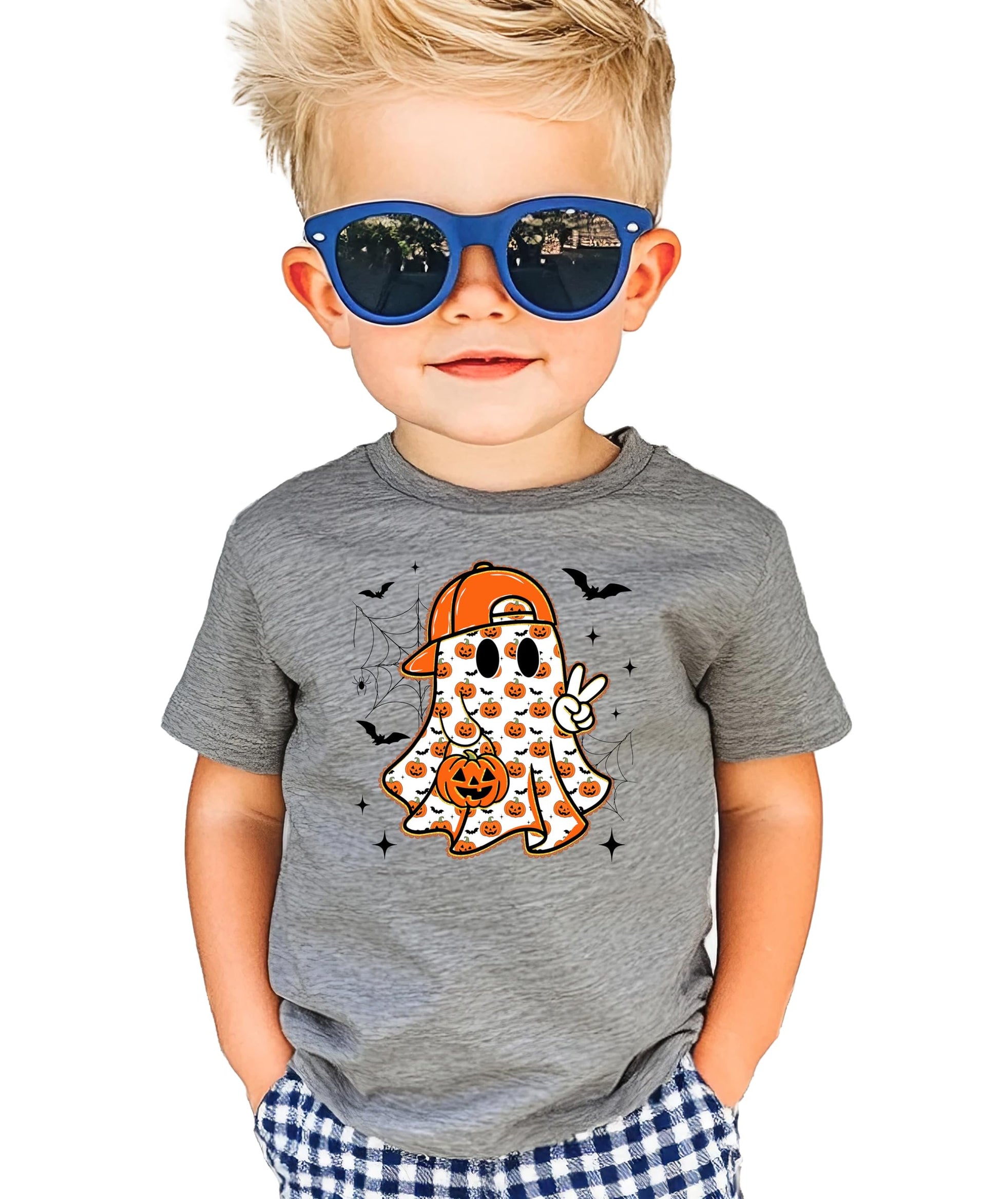 Youth Halloween shirt with friendly ghost wearing cap and holding pumpkin bucket with bats and stars