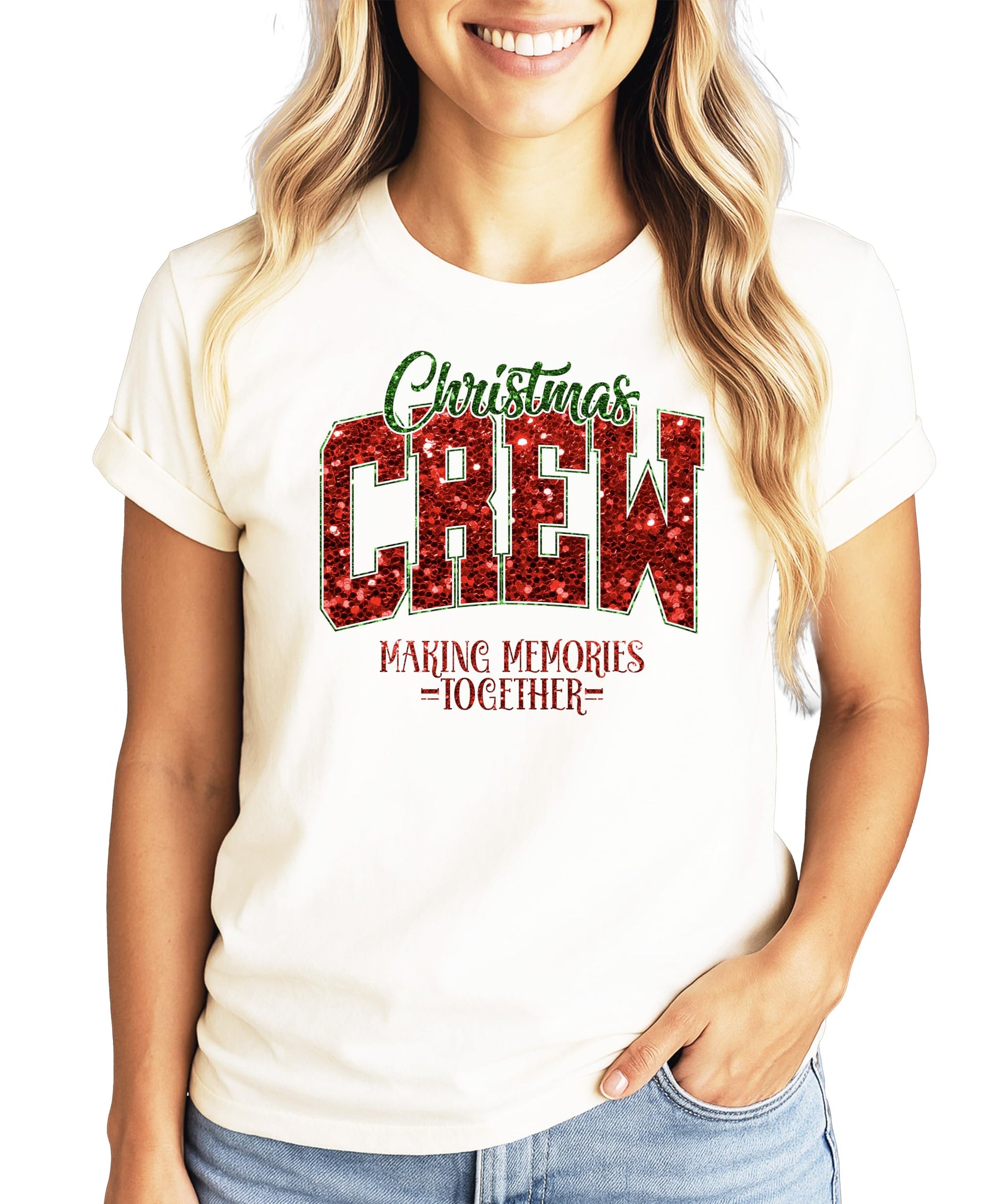 Side or back view of Christmas Crew Making Memories Together natural graphic tee