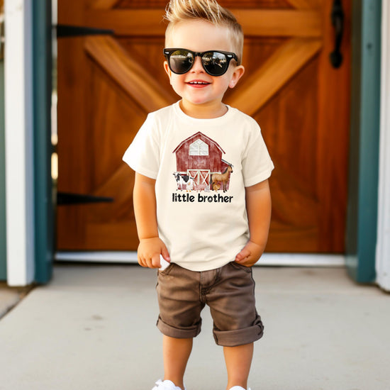 Little Brother graphic tee and bodysuit set with farm animal print for sibling reveal