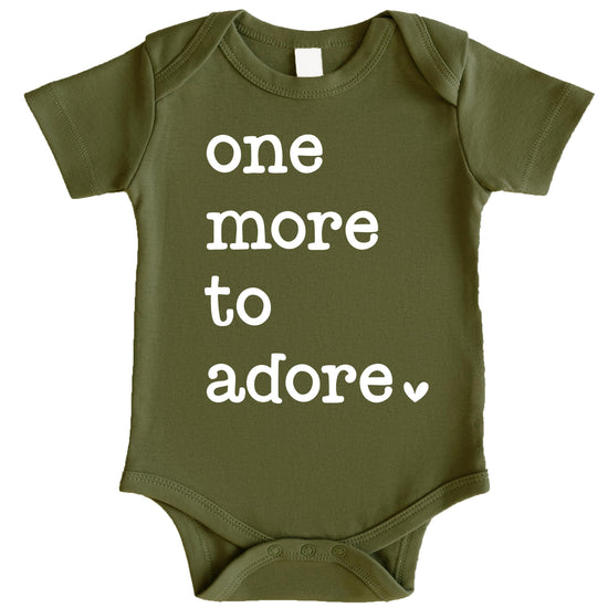 Close-up of One More to Adore print on military green baby bodysuit by Olive Loves Apple