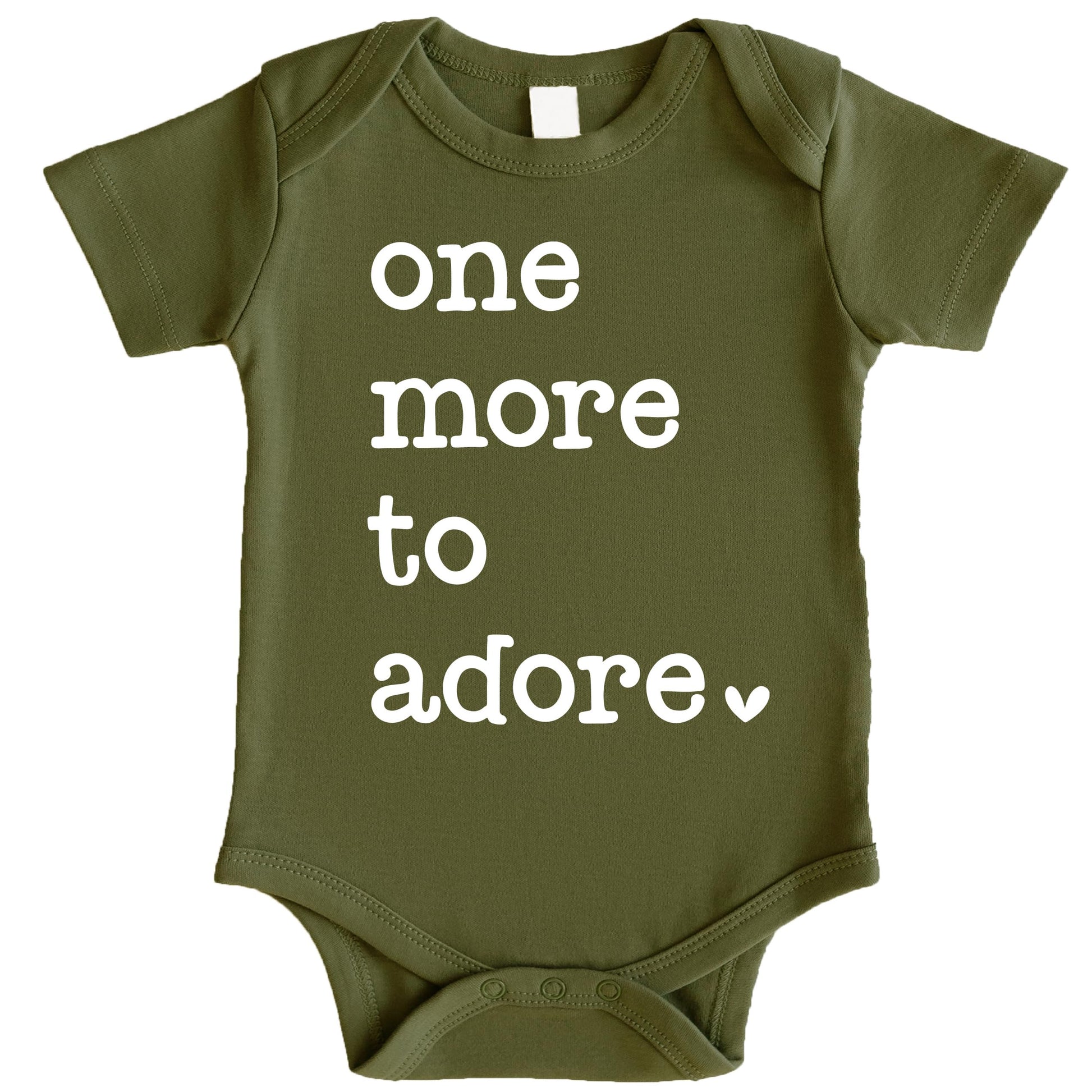 Close-up of One More to Adore print on military green baby bodysuit by Olive Loves Apple