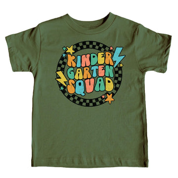 Back to school kindergarten tee with bold lightning graphic on military green shirt