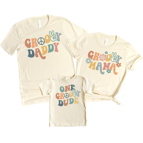 Groovy Dad retro-style birthday graphic tee in natural color, adult size