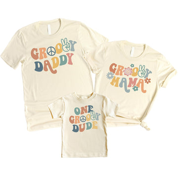 Groovy Dad retro-style birthday graphic tee in natural color, adult size