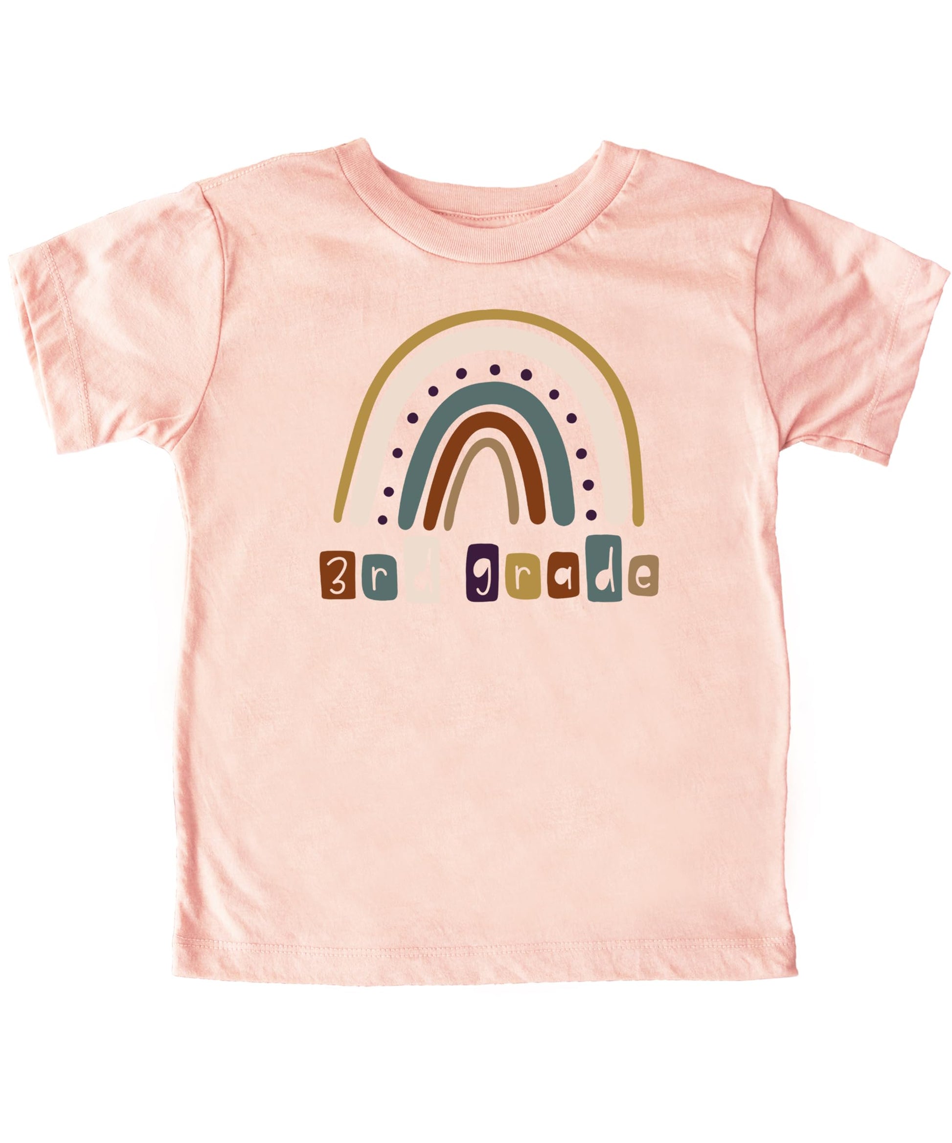 Close-up of vibrant rainbow graphic on kids first day of school tee