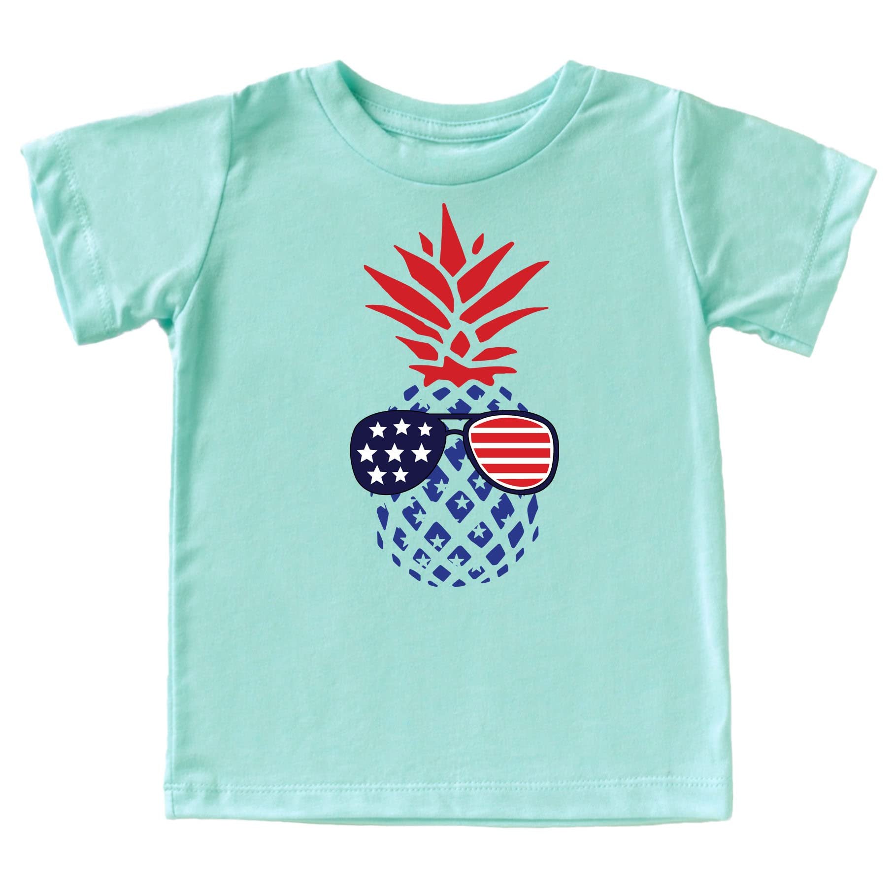 Close-up of pine American flag sunglasses graphic print on natural color cotton tee