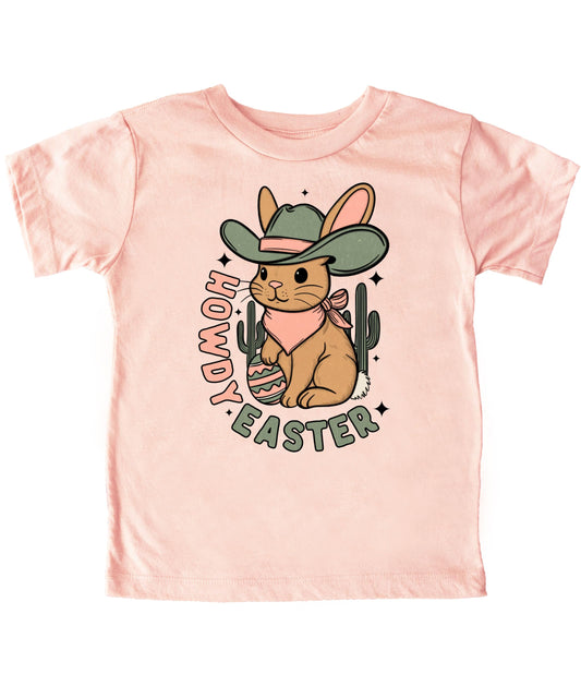 Front view of youth Howdy Easter western graphic shirt in peach with desert bunny cowboy design