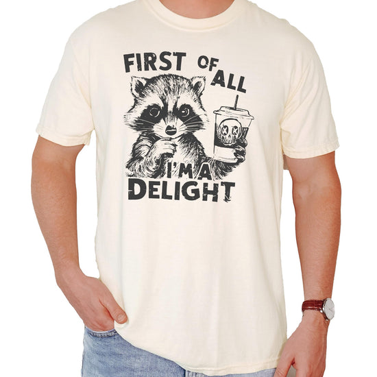 Full product view of funny raccoon adult graphic t-shirt in ivory from Olive Loves Apple