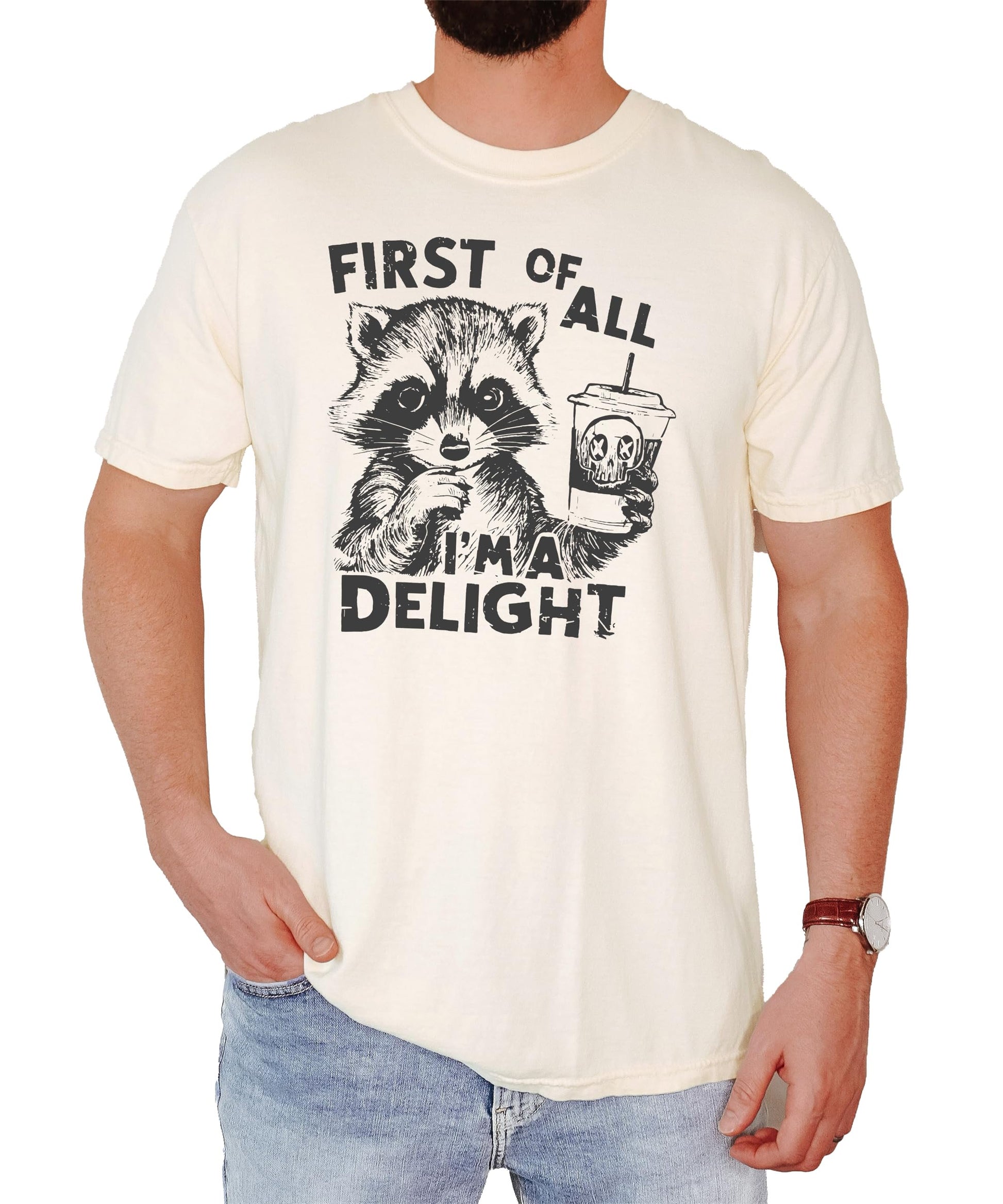 Full product view of funny raccoon adult graphic t-shirt in ivory from Olive Loves Apple