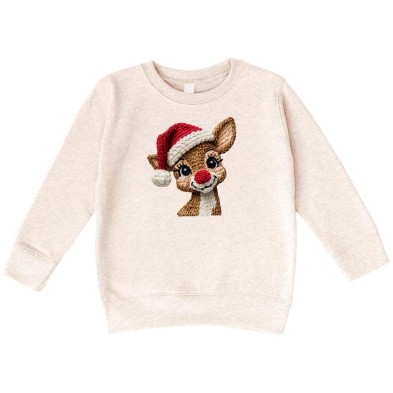White sweatshirt with ink-printed reindeer wearing a Santa hat in a yarn patch style design