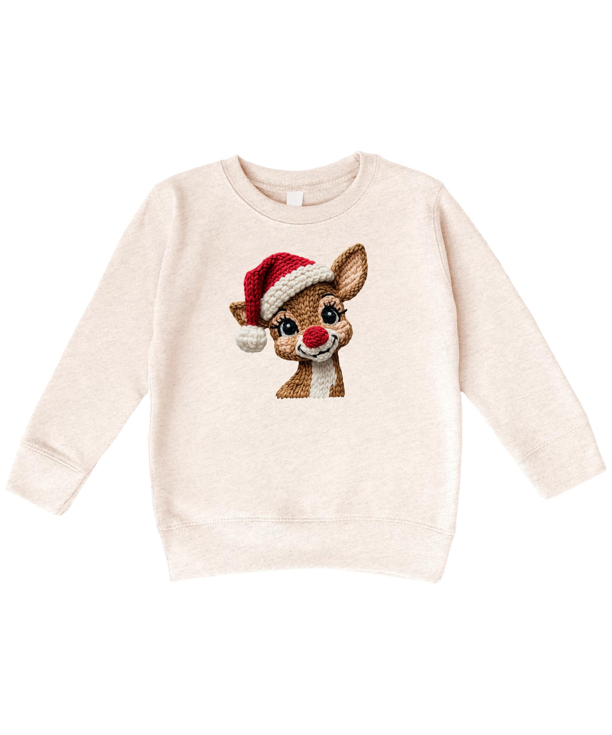White sweatshirt with ink-printed reindeer wearing a Santa hat in a yarn patch style design