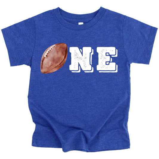 Black toddler tee with distressed football outline and ONE design for boys first birthday