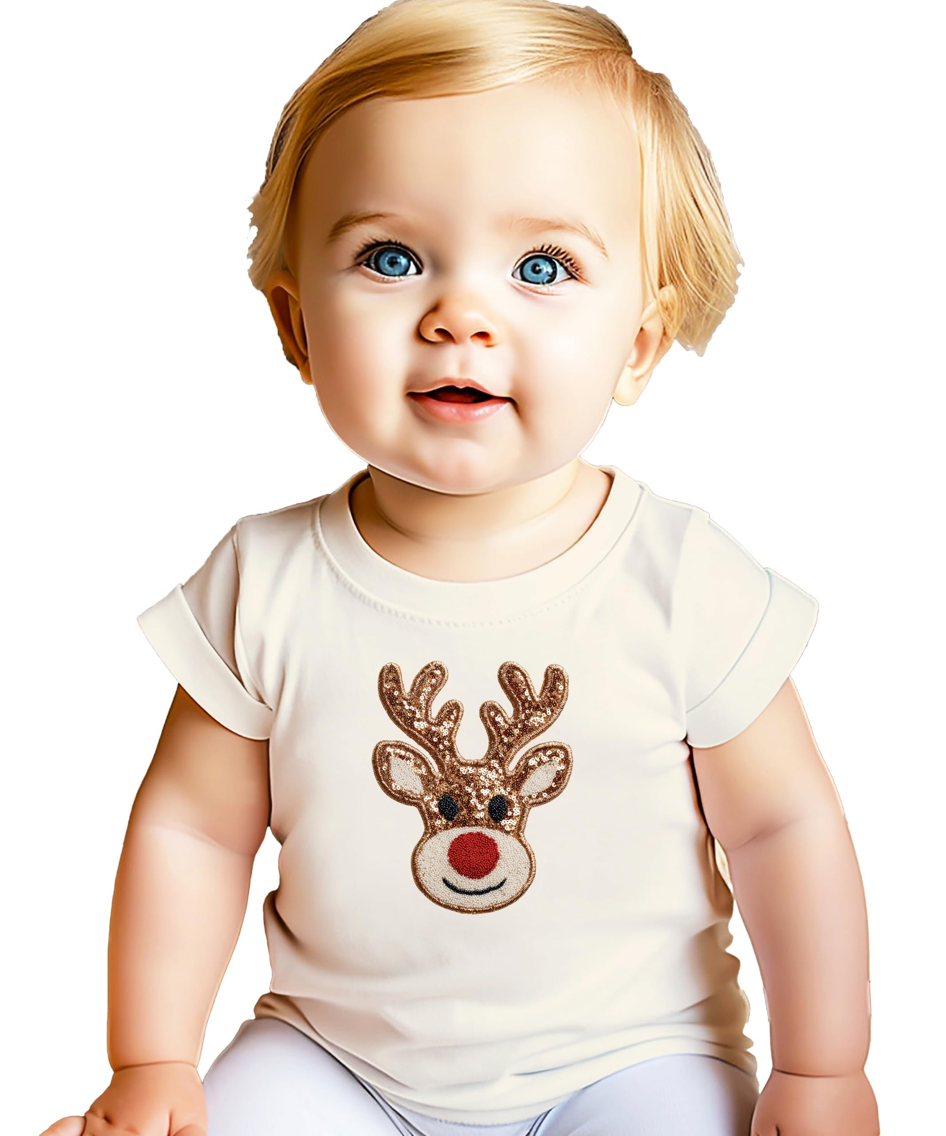 Detail shot of festive reindeer ink-print design on black Christmas shirt for girls