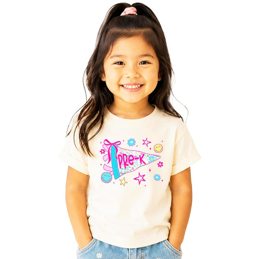 Girls Pre-K floral pennant graphic tee with pastel daisies, bow, and sparkle stars in pink and blue on natural cotton