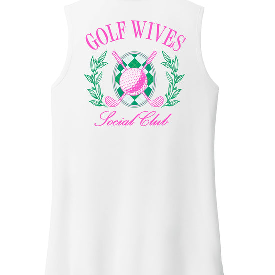 Woman modeling Golf Wives Social Club polo at golf course, preppy golf wife outfit