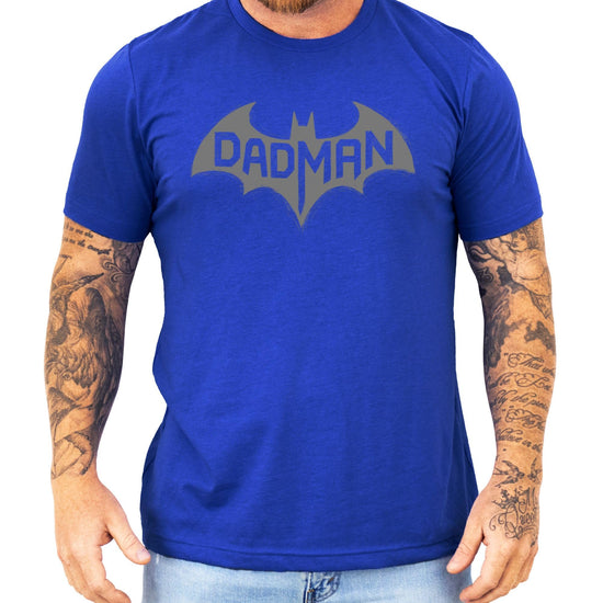 Side angle of DadMan funny dad shirt in dark gray heather with bat superhero graphic