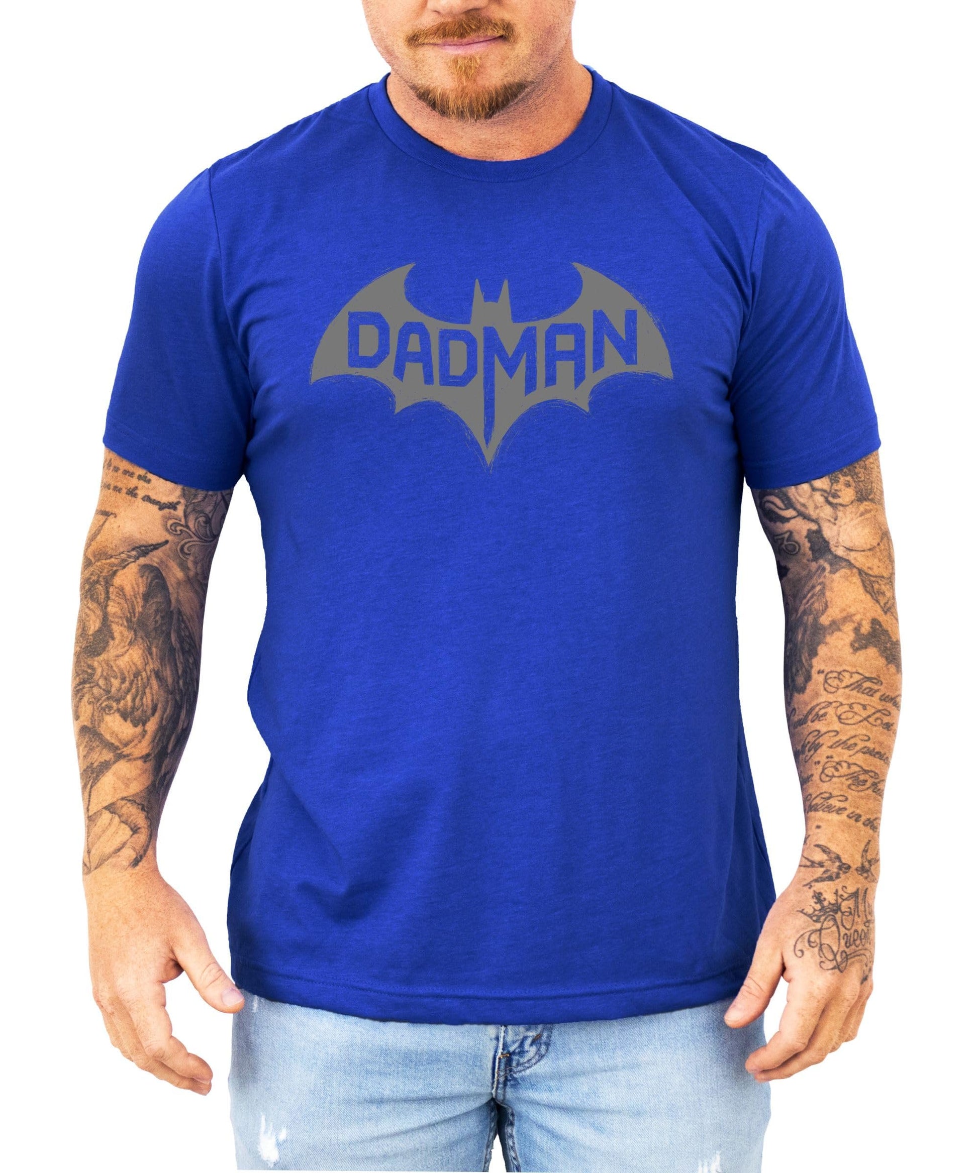 Side angle of DadMan funny dad shirt in dark gray heather with bat superhero graphic