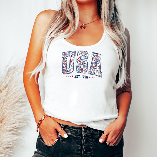 Back view of USA Est 1776 patriotic tank top displaying full floral design pattern