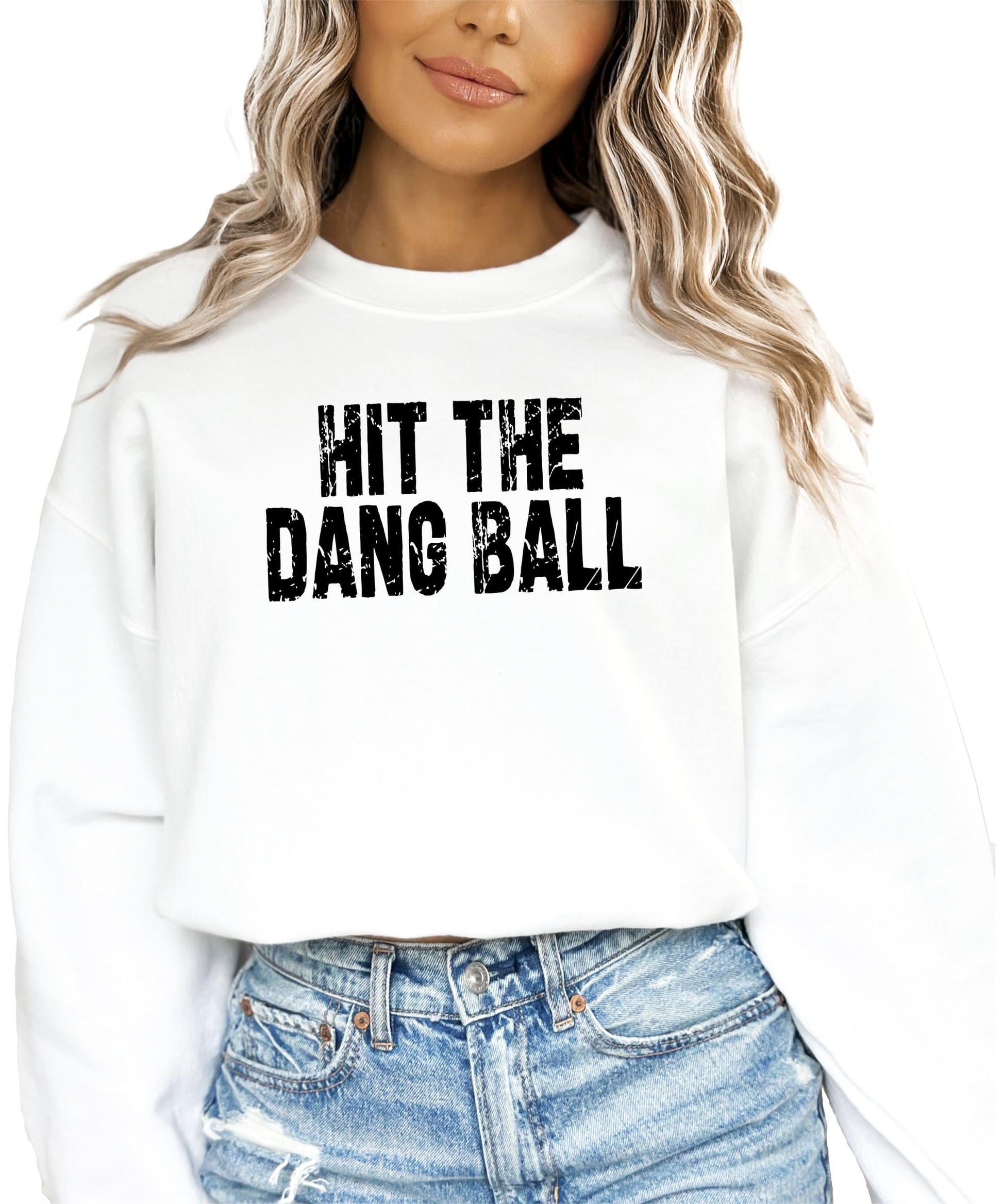 Side or angled view of red Hit The Dang Ball women's graphic pullover sweatshirt