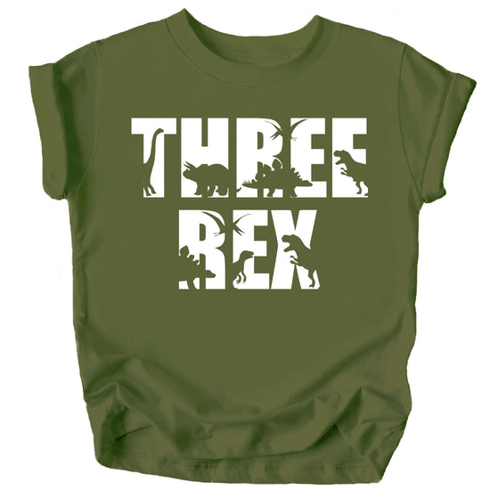 Three Rex third birthday shirt for toddlers displayed flat on military green background